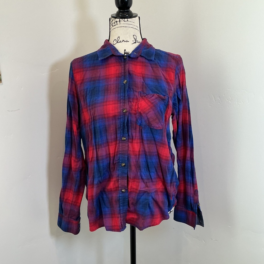 American Eagle Vintage Boyfriend Plaid Button Down Shirt Red Blue Large Flannel